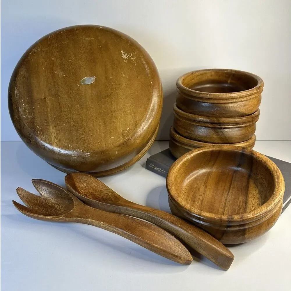 Genuine Monkey Pod Handcrafted Wood Made in the Philippines Salad Bowl Set of 7